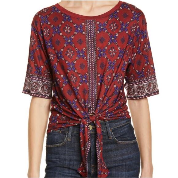 Sandro Red Geometric Print Tie Front Short Sleeve Blouse Size 2 - Picture 1 of 8